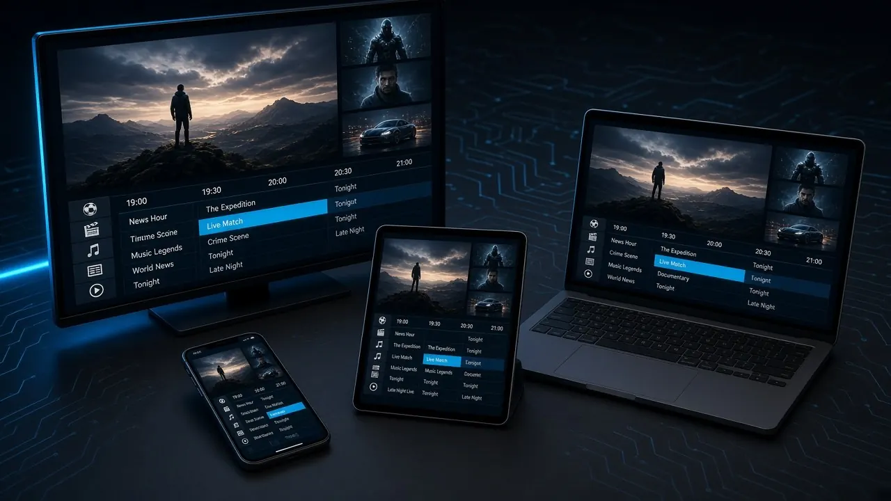 epg iptv on TV, tablet, phone and laptop with program guide UI