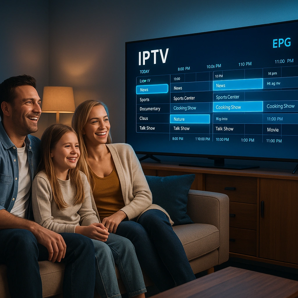 Illustration of EPG IPTV features including stability, security, buffer-free playback, and real-time guide updates.