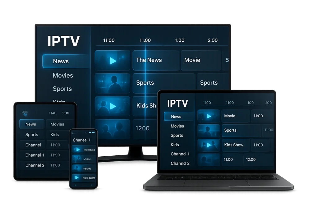Modern IPTV with EPG interface displayed on smart devices — TV, laptop, and smartphone, showcasing live channels and program guide.